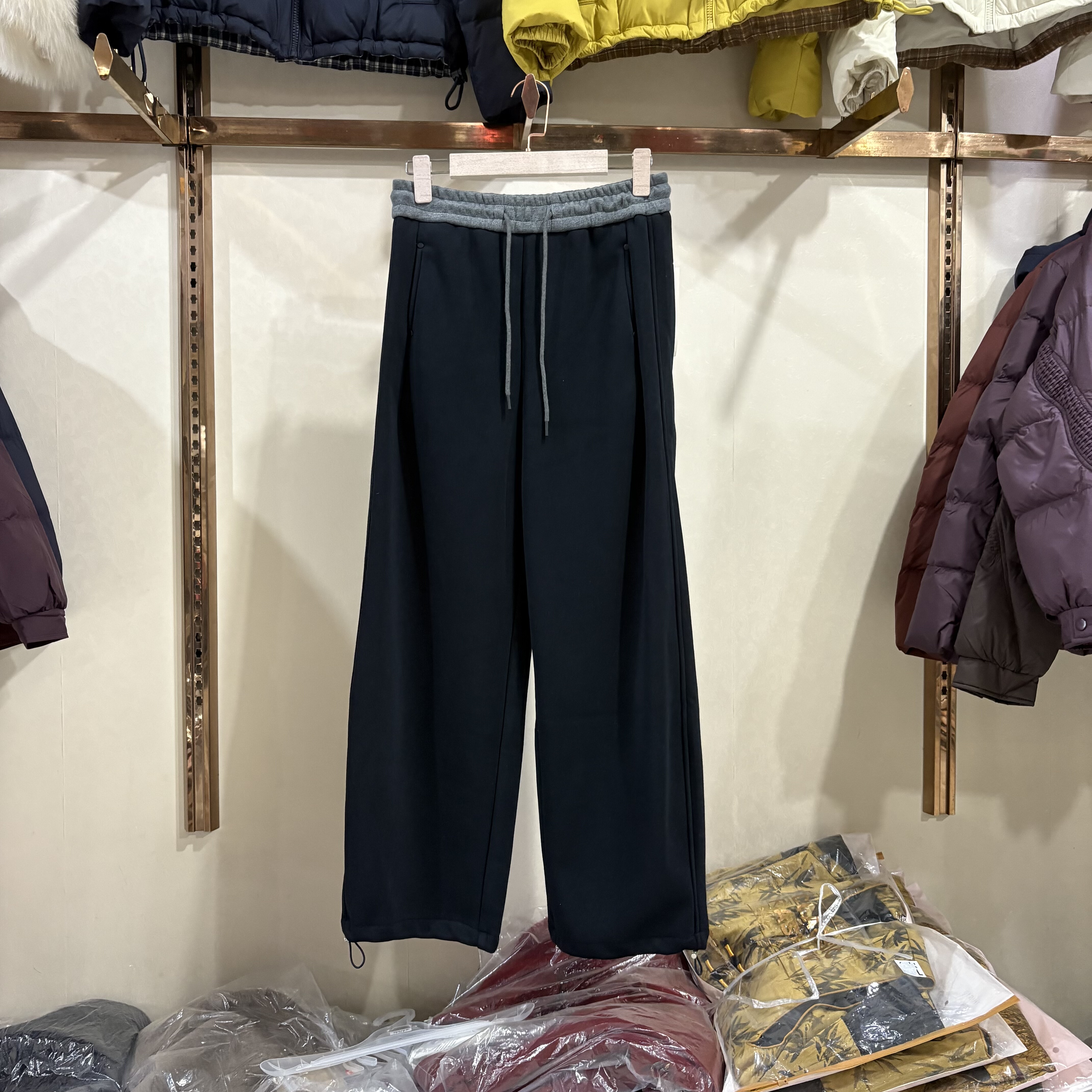 芈蘭秀25335专柜正品冬撞色拼接松紧腰抽绳加绒卫裤女显瘦休闲裤