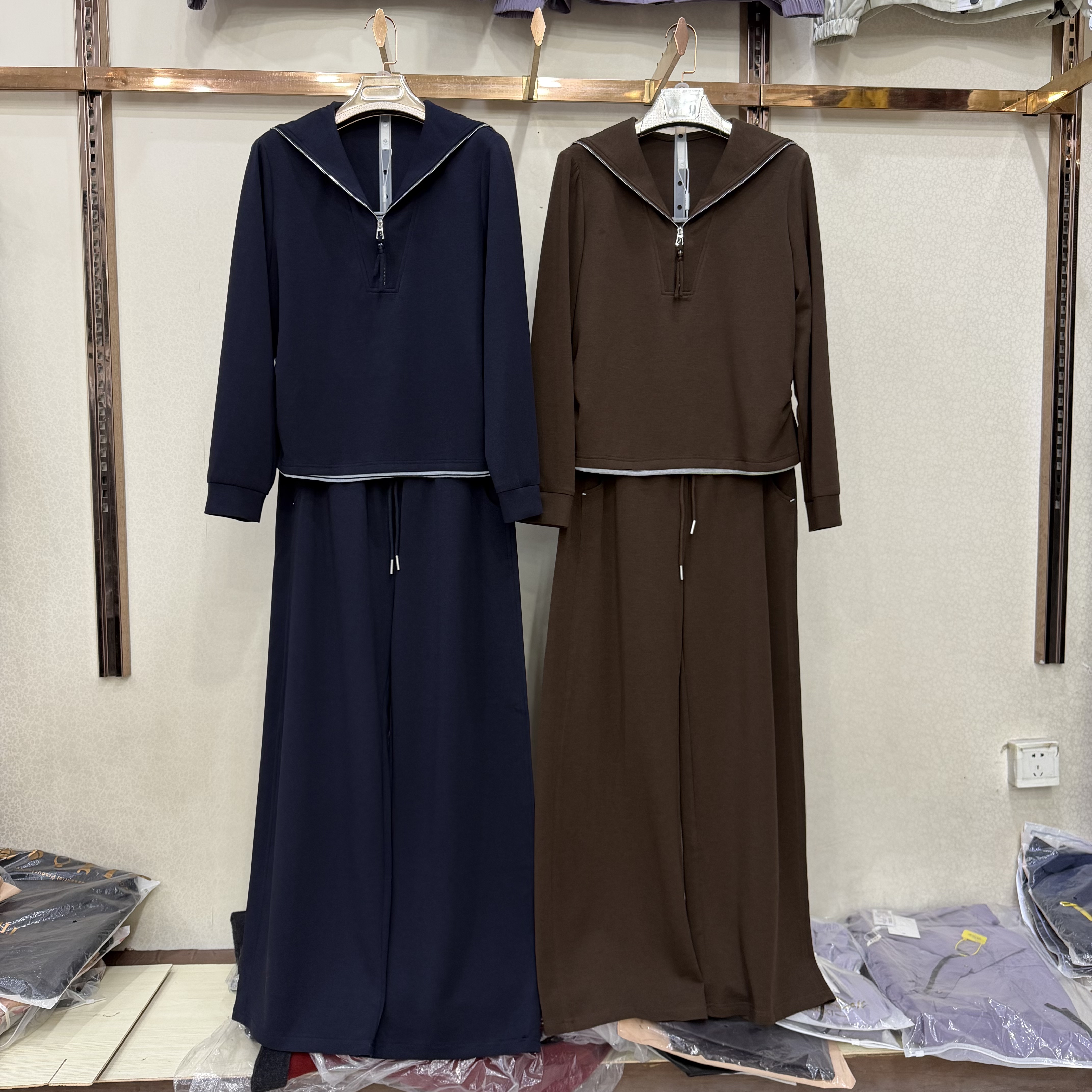 商场同款77003秋季新款休闲海军领衬衣+直筒裤休闲两件套套裤女装