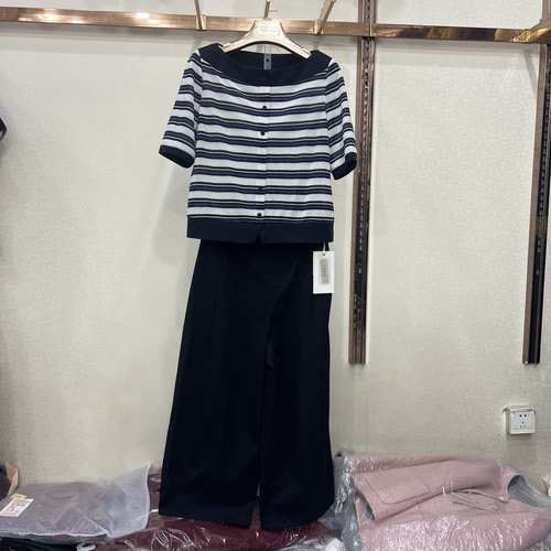 名扬M26XT782专柜正品夏装2026新两件套裤条纹针织套装一字领中袖