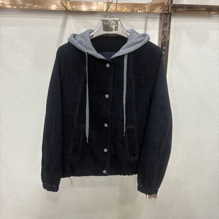 时尚 新款 百搭妈妈连帽休闲丝绒牛仔外套上衣女 春季 鑫A08专柜正品