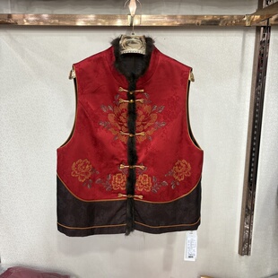 商场同款96090-1新中式复古盘扣提花夹棉水貂毛提花国风马甲女款