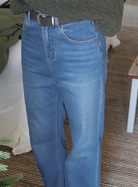 丹宁系列 抓毛保暖显瘦皮带牛仔裤女冬季新款高腰直筒阔腿长裤