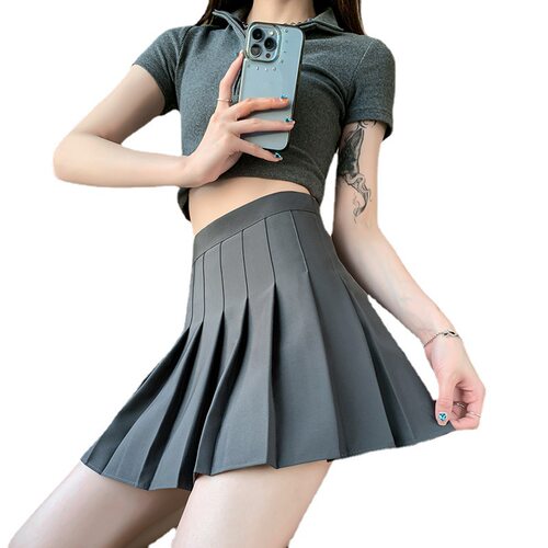 灰色高腰百褶裙女夏复古显瘦西服料防走光小个子a字jk半身短裙子