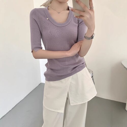 桑蚕丝羊毛针织衫U领女纽扣款韩版宽松显瘦百搭圆领长袖针织衫夏