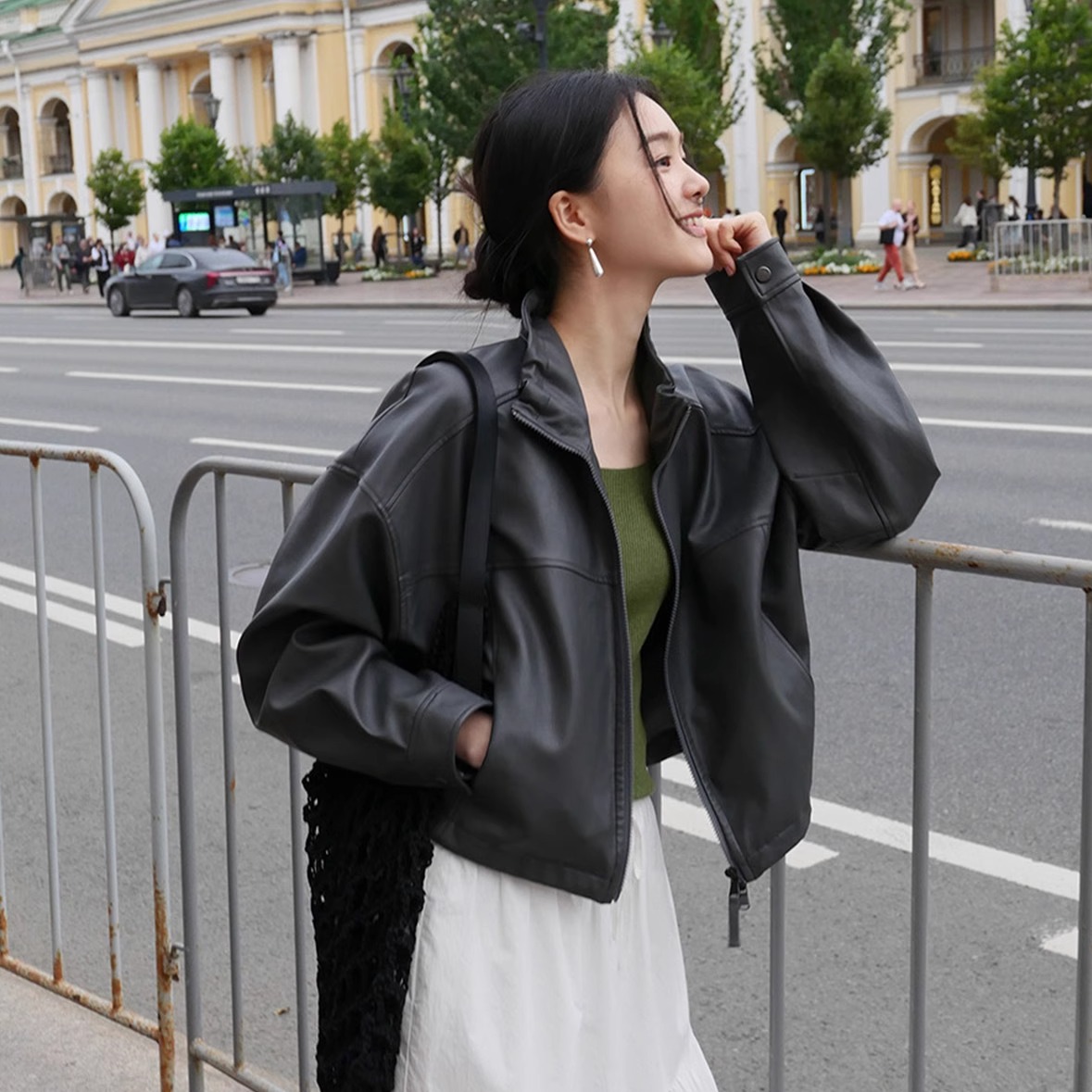 ins博主 哑光质感复古皮衣女秋季新款双头拉链立领通勤百搭外套