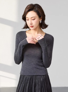 薄款18针无缝一体 德国60支扬子纱黄金全羊毛显瘦U领针织衫女春秋