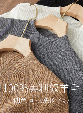 扬子纱100羊毛 肌理鱼骨纹半高领长袖针织套头毛衣女秋冬新款