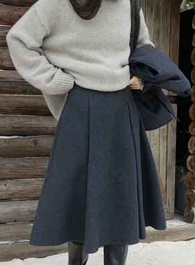 柏林冬日 经典格子加厚呢料半身裙女冬季新款百搭实穿保暖中长裙