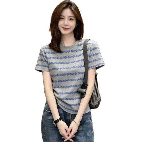 雅致蓝调条纹正肩短袖T恤女春夏宽松显瘦t休闲百搭巨好看上衣女
