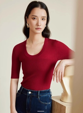 德国扬子纱100羊毛U领针织衫女120S打底上衣中袖t恤2025春夏新款