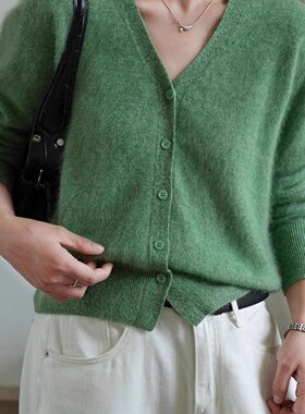 羊绒羊毛拉毛绒V领开衫女单排扣软糯羊毛慵懒随性针织毛衣外套