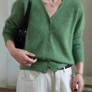 羊绒羊毛拉毛绒V领开衫女单排扣软糯羊毛慵懒随性针织毛衣外套