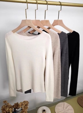 扬子纱可机洗，气质一字领打底衫 18针岛精无缝100羊毛衫针织衫女