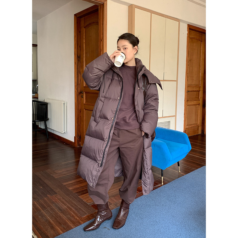 轻盈保暖连帽羽绒服女2024十三行冬季新长款白鸭绒外套斜插袋耐磨