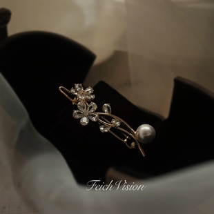 跨境高奢 高档闪耀锆石青蛙扣发夹重工微镶仿珍珠发夹FEICH发饰品
