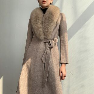 超大狐狸毛领新款双面羊绒大衣女修身收腰中长款羊毛毛呢外套