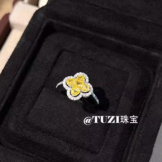 老钱风黄钻戒指环四叶草戒指银