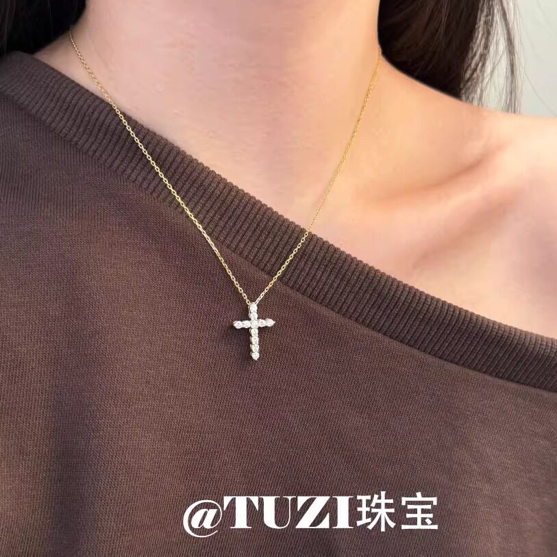 TUZI培育钻石K金十字架项链925纯银小众设计感锁骨链明星同款推荐