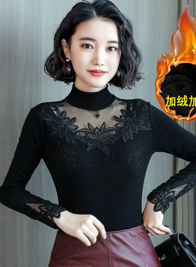 高领打底衫女长袖2025秋冬新款内搭加绒加厚蕾丝网纱衣服百搭上衣