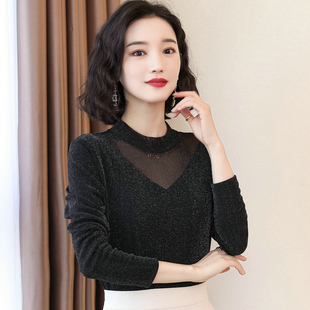 2026春秋新款女装亮丝网纱打底衫女长袖t恤内搭蕾丝衫闪光丝上衣