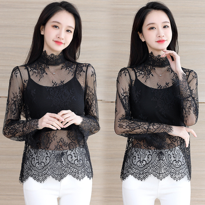 黑色复古风透视蕾丝打底衫