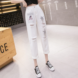 RM15556#女哈伦裤性感个性破洞贴花牛仔长裤修身显瘦学院风