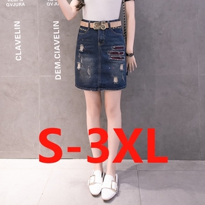 RM15563#新中款破洞半身裙女高腰韩版大码显瘦修身后开叉牛仔裙