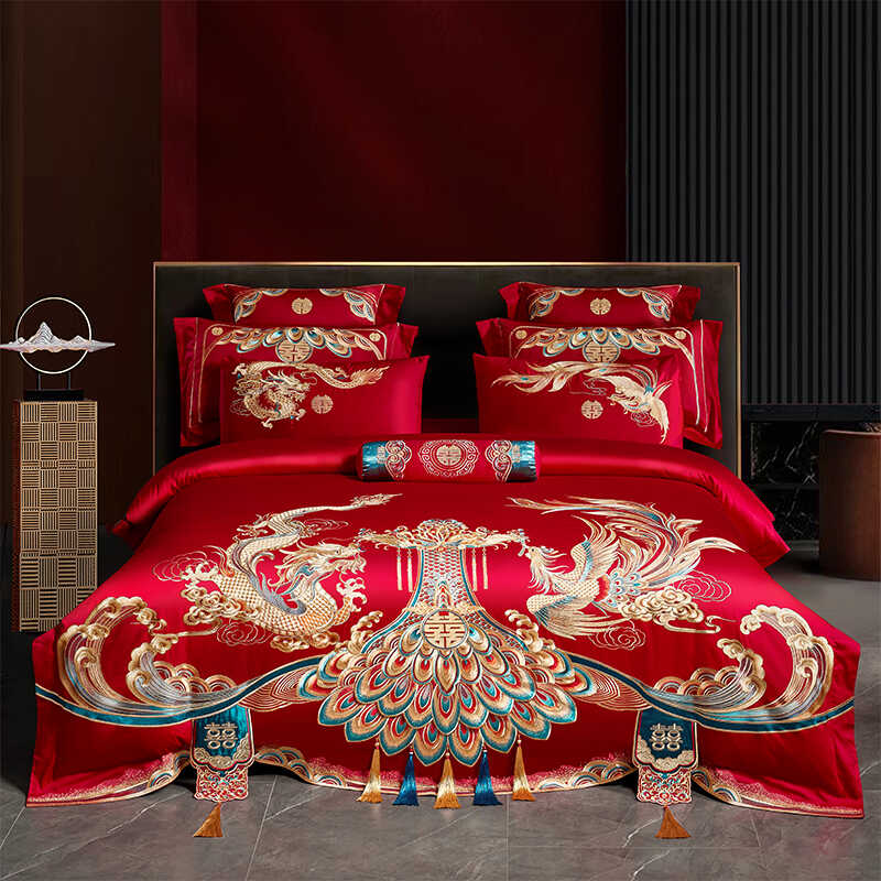 婚庆四件套大红龙凤刺绣房嫁喜被