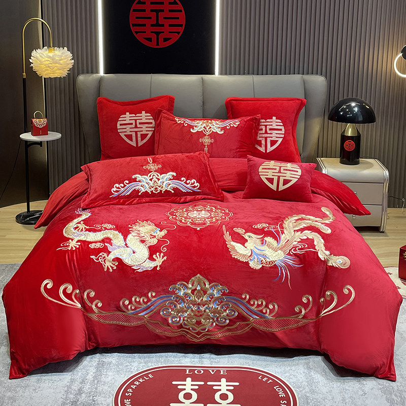 牛奶绒婚庆四件套大红刺绣珊瑚绒冬季加厚新结婚房嫁礼宝宝绒床品