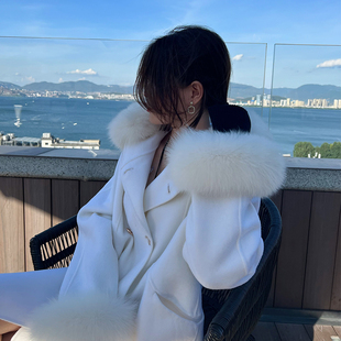 双面羊毛大衣女中款小个子狐狸毛领子连帽宽松韩版纯色百搭呢外套