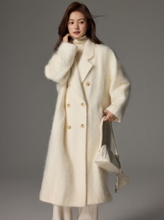 高端新款山羊绒拉绒大衣女中长款经典西装领宽松双排扣羊毛呢外套