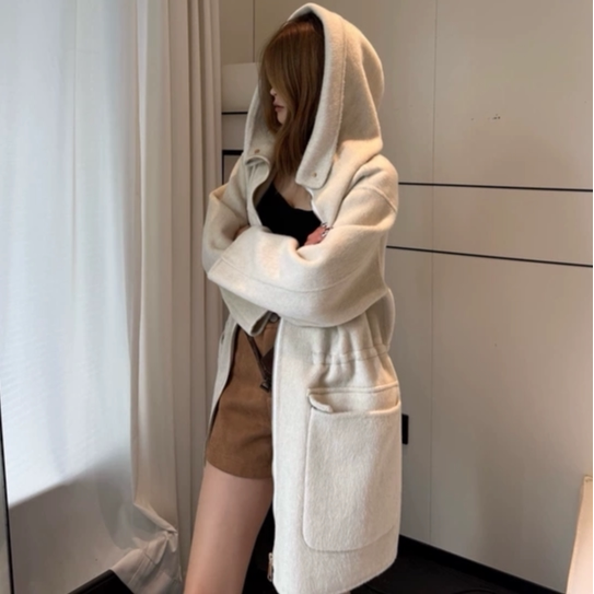 L*P同款双面羊绒大衣女中长款连帽抽绳收腰气质宽松韩版毛呢外套