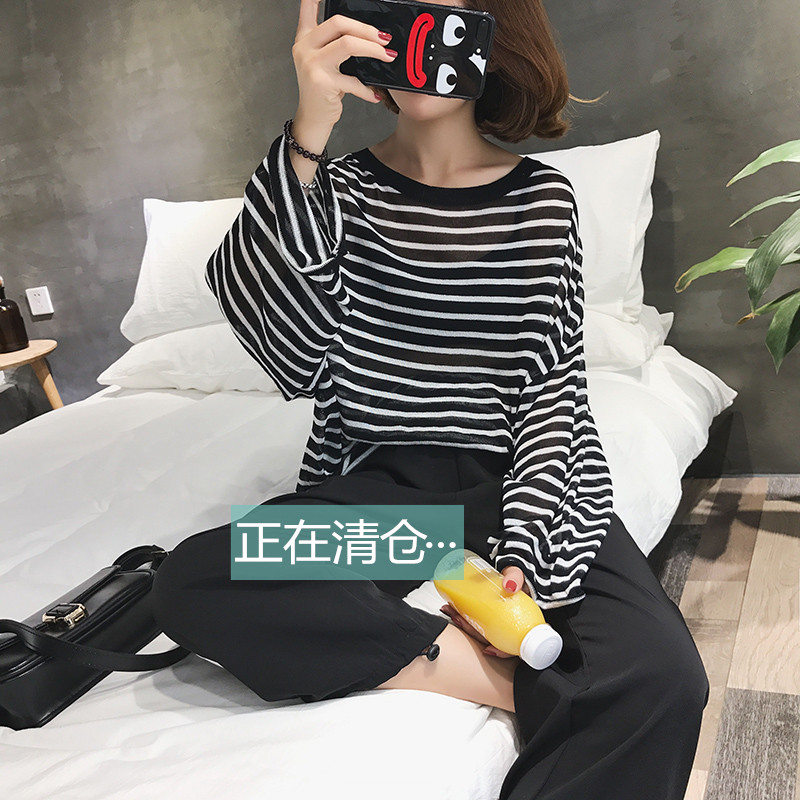 慵懒范儿夏季韩版宽松圆领薄条纹透视大袖子冰丝针织罩衫防晒衣女