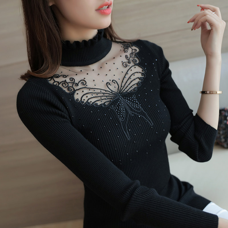 Autumn and winter Elastic force Self cultivation Korean Edition Lace Rhinestone Embroidery Sweater Long sleeve Self cultivation Show thin Base coat sweaterin the Women's clothing/Boutique , Wool sweater  category - from Buy2taobao.com to provide professional Taobao agent buy service