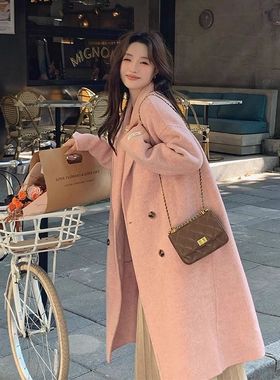 粉色双面呢大衣女外套2025新款韩版秋冬装双面呢大衣毛呢女中长款