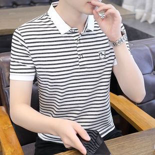 上衣 修身 新款 POLO衫 男士 夏季 潮流半袖 条纹棉翻领韩版 短袖 商务男装