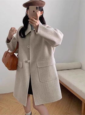 时尚燕麦色韩版2025秋冬高级感慵懒风双面呢大衣女中长款毛呢外套