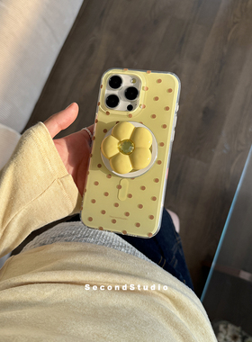 原创奶酪黄棕波点苹果16promax磁吸壳15pro手机壳创意双层IMD圆边全包14pro软壳简约