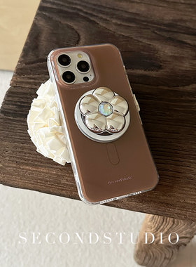 原创简约棕色iphone16promax磁吸壳14pro可爱银河粉小花支架双层IMD全包苹果15promax手机壳简约