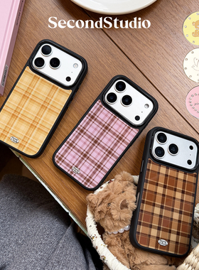 原创可爱韩系格纹iPhone17prmax磁吸壳全包15适用苹果16promax手机壳支架创意14promax