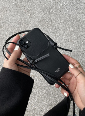 原创简约iphone16promax防摔可背挂绳16小羊皮纹14pro黑色皮质苹果15promax斜挎手机壳13