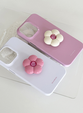 原创韩系粉色菲林壳纯色亮面iPhone17可爱小花支架苹果16promax手机壳15pro简约纯白色14硬壳