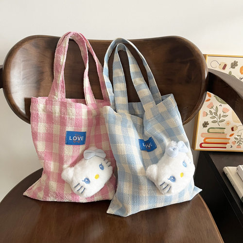 小香风棉麻编织格子手提包