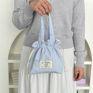 小清新条纹抽绳包可爱刺绣蝴蝶结手提包包大容量手拎帆布包束口袋