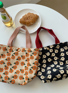 文艺灯芯绒小手提包学生午餐饭盒袋便当包可爱雏菊印花上班手拎包