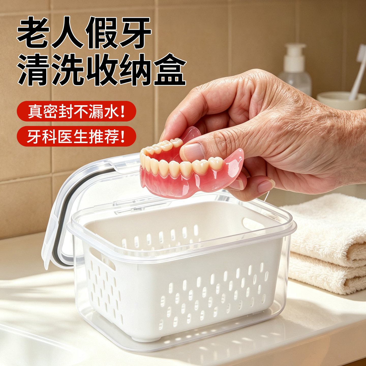 老人假牙收纳盒老年人清洗全口便携清洁泡容器浸泡义齿盒子食品级