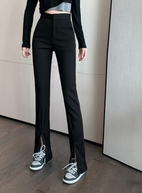 2024春季新款高腰黑色西装裤休闲裤宽松直筒长裤开叉炸街拖地裤女