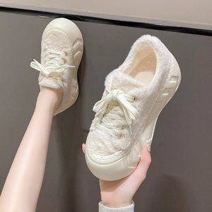 奶呼呼毛毛鞋女冬外穿2023新款增高德训鞋厚底加绒小白鞋孕妇棉鞋