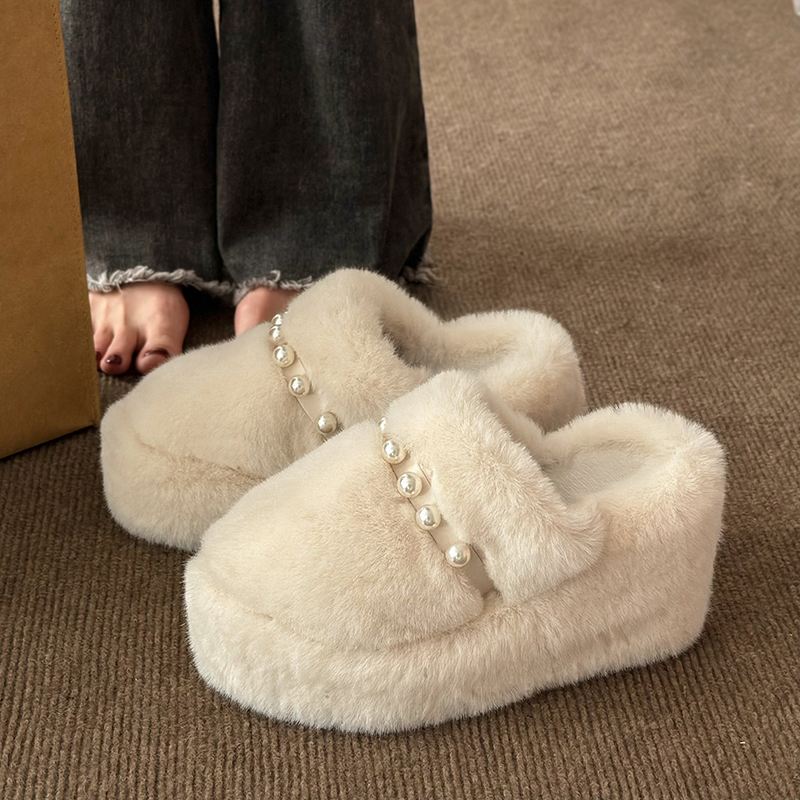 包头珍珠厚底坡跟高跟棉拖鞋