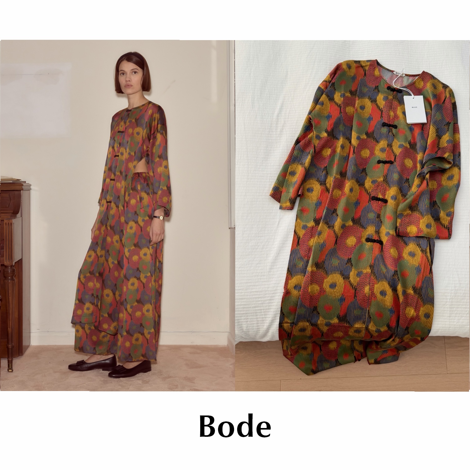 CETTCE 现货 Bode 海报款花卉印花真丝盘扣侧开叉宽松大摆连衣裙